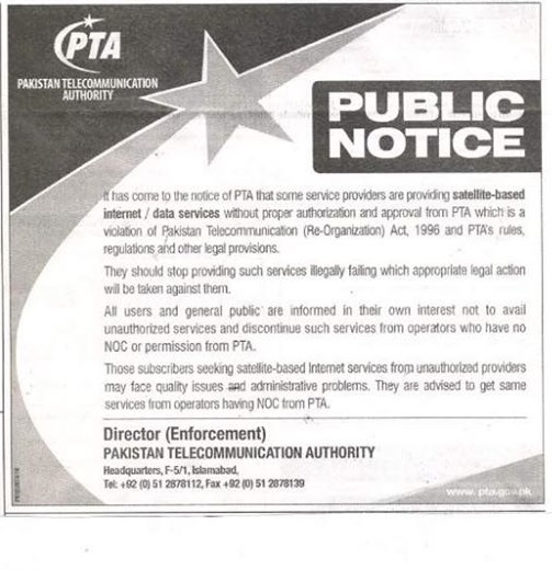 PTA Issues Notice Against Illegal Satellite-Based Internet Services