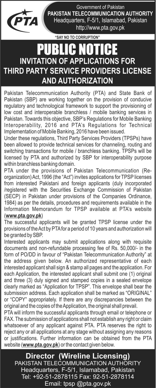 PTA Invites Applications for TPSP; Issues IM for License & Authorization