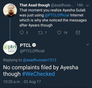 PTCL Reply on Twitter Regarding Ayesha Gulalai Controversy is Epic