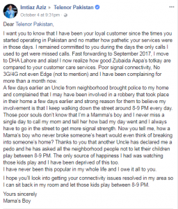A Loyal Telenor Customer's Sarcastic Complaint goes Viral on Social Media