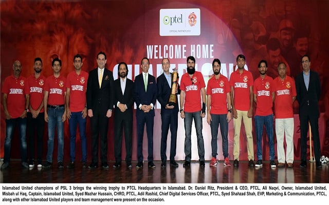Islamabad United Team brings PSL Trophy to PTCL Headquarters