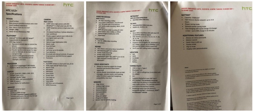 The leaked specs sheets for the HTC U12 Plus are below: