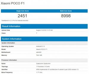 Price & Second Appearance of Xiaomi Pocophone F1 Spotted on Geekbench