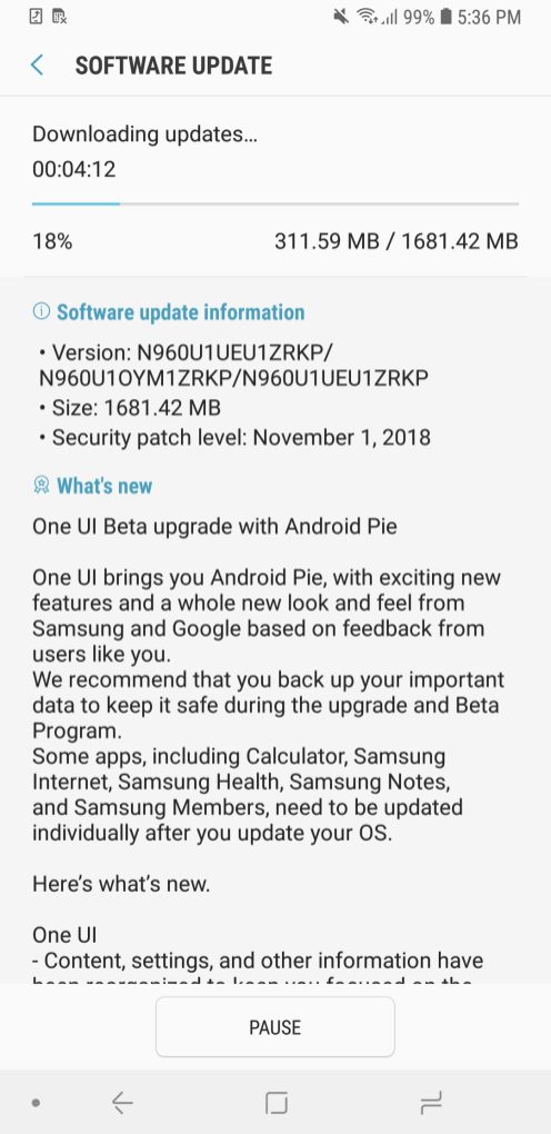 Within a few minutes of registering for the Android Pie beta on your Galaxy Note 9, you should see an OTA update arrive. The time required will vary from person to person, but for most it shouldn’t take more than an hour. You can speed up the process by going to Settings > Software Update and hit Download Updates Manually. The update weighs in at about 1.7GB, so you’ll want to be on Wi-Fi to download it.