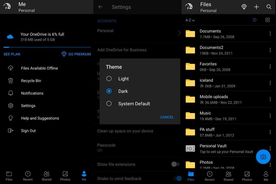 Almost six months after bringing Dark Mode to OneDrive on iOS, Microsoft is enabling the visual option on the Android version of the app, MSPoweruser reports. With OLED displays becoming more common, darker themes and modes started to appear in many mobile apps, including Gmail, WhatsApp, Facebook Lite, Google Translate and more. OLED technology displays black by turning off individual pixels, so the darker the theme, the less energy the device consumes. Besides energy efficiency benefits, Dark Mode is also much easier on the eyes in low-light conditions. Microsoft is rolling out the new features with version 6.0.1 of the app with another little tweak in the Photos tab. Users will get a trip down memory lane with the option to revisit old photos taken on the same day in previous years. To activate Dark Mode in OneDrive, go to the Settings menu on the homes screen, and tap on the Theme option. You can then choose Light, Dark or System Default. The last one will use the Global theme settings of the device. This option is useful when you want to schedule different themes for different times of the day - Dark Mode activating at sunset, for example.