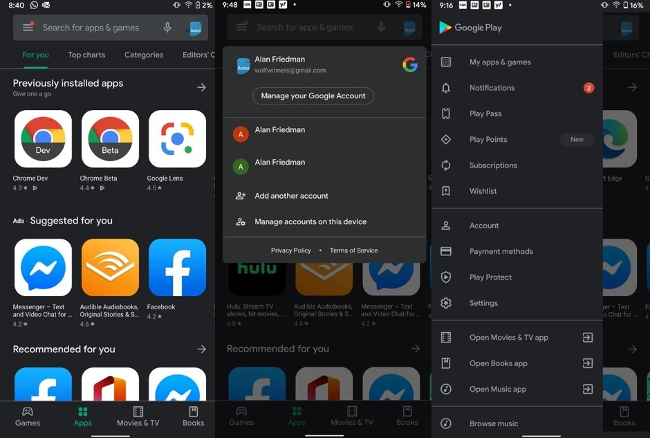 Google Play Material Theme account switcher Gets Dark Mode