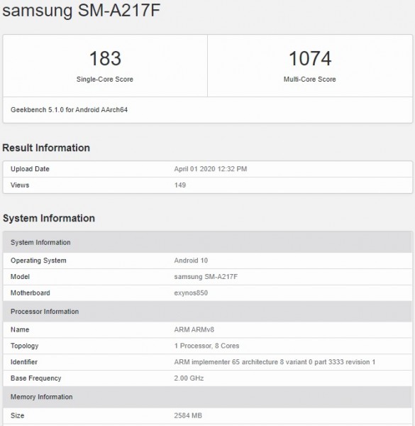Samsung Galaxy A21s Pops Up on Geekbench 