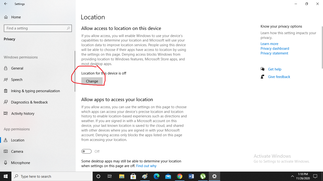 turn off location access for windows
