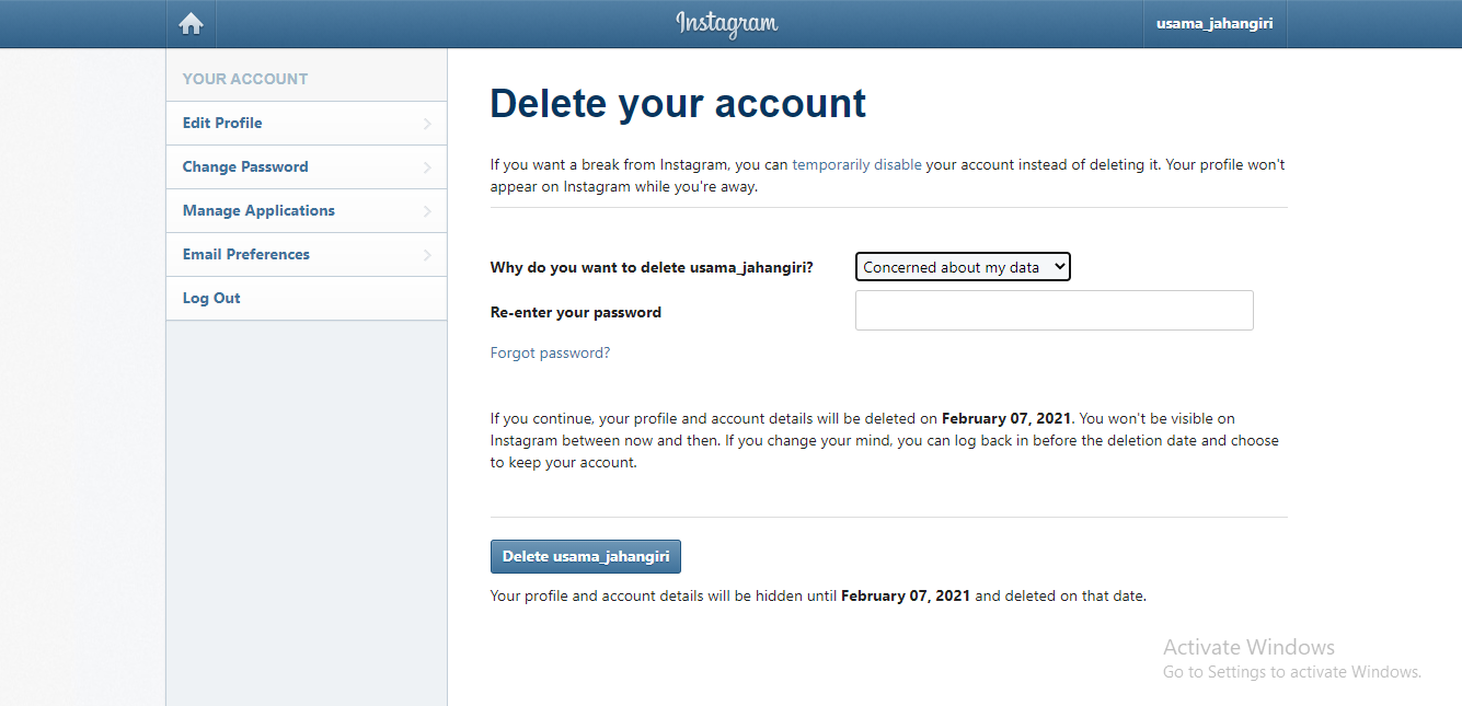 delete instagram account permenantly