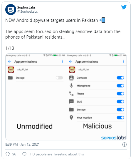 Five trojanized versions of Android legal software that carry out covert monitoring and espionage on users in Pakistan have been discovered by cyber security researchers.  The malicious variants have been found to obstruct their operations in order to gradually download payloads in the form of an Android Dalvik (DEX) file, designed to masquerade applications such as Pakistan Citizen Portal, Pakistan Salat Time, Mobile Packages Pakistan, Registered SIM Checker and TPL insurance. 'The payload of DEX includes most malicious functionality, including the ability to covertly exfiltrate sensitive data such as the user's contact list, and the full content of SMS messages,' says Pankaj Kohli, Sophos threat researchers. 'The software then sends this information to one of a few command and control websites hosting servers available in eastern Europe. Also previously prominently seen on the trading company website was a fake version of the Pakistan Citizen Portal, potentially in order to enable unsuspecting users to download the malware-laced app, which also provides confidential information, such as computerized national identification card numbers, passport data, user and Facebook password. Sophos researchers also found an application known as Pakistan Chat, that did not distribute a benign analogue via the Google Play Store. But the API of a legitimate chat service ChatGum was found to be leveraged in the app. When enabled, the app can seek permits to capture sensitive details on a victims device including information on the phone, location, contact lists, SMS content, call logs, and a complete list of internal and SD card storage folders.