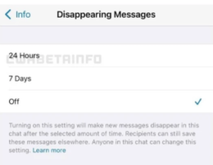 WhatsApp disappearing messages feature to add 24 Hours Option