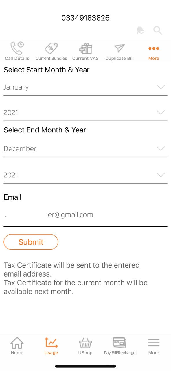 tax certificate of ufone