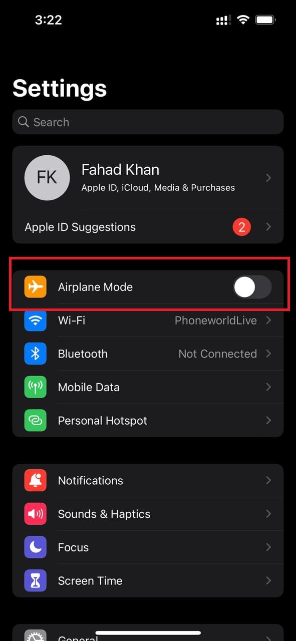 turn on and off airplane mode