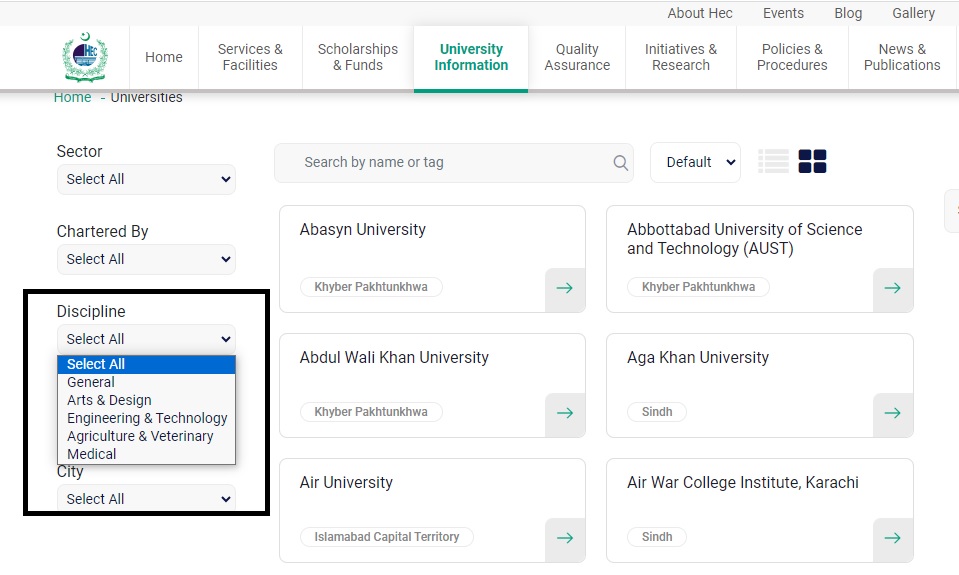 how to find the list of HEC-recognised universities in Pakistan