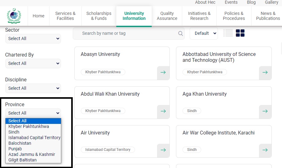 how to find the list of HEC-recognised universities in Pakistan